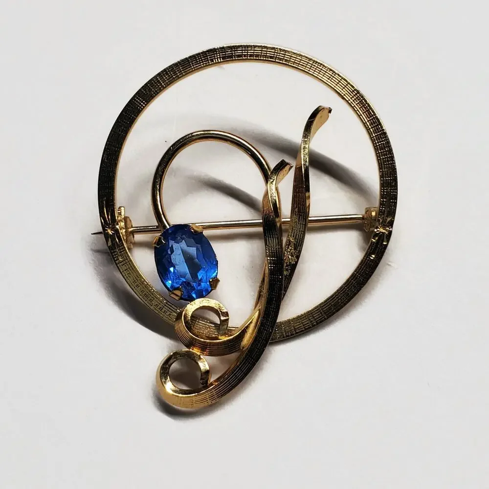 Vintage Gold Tone Blue Glass Stone Swirled Design Brooch Pin Engraved